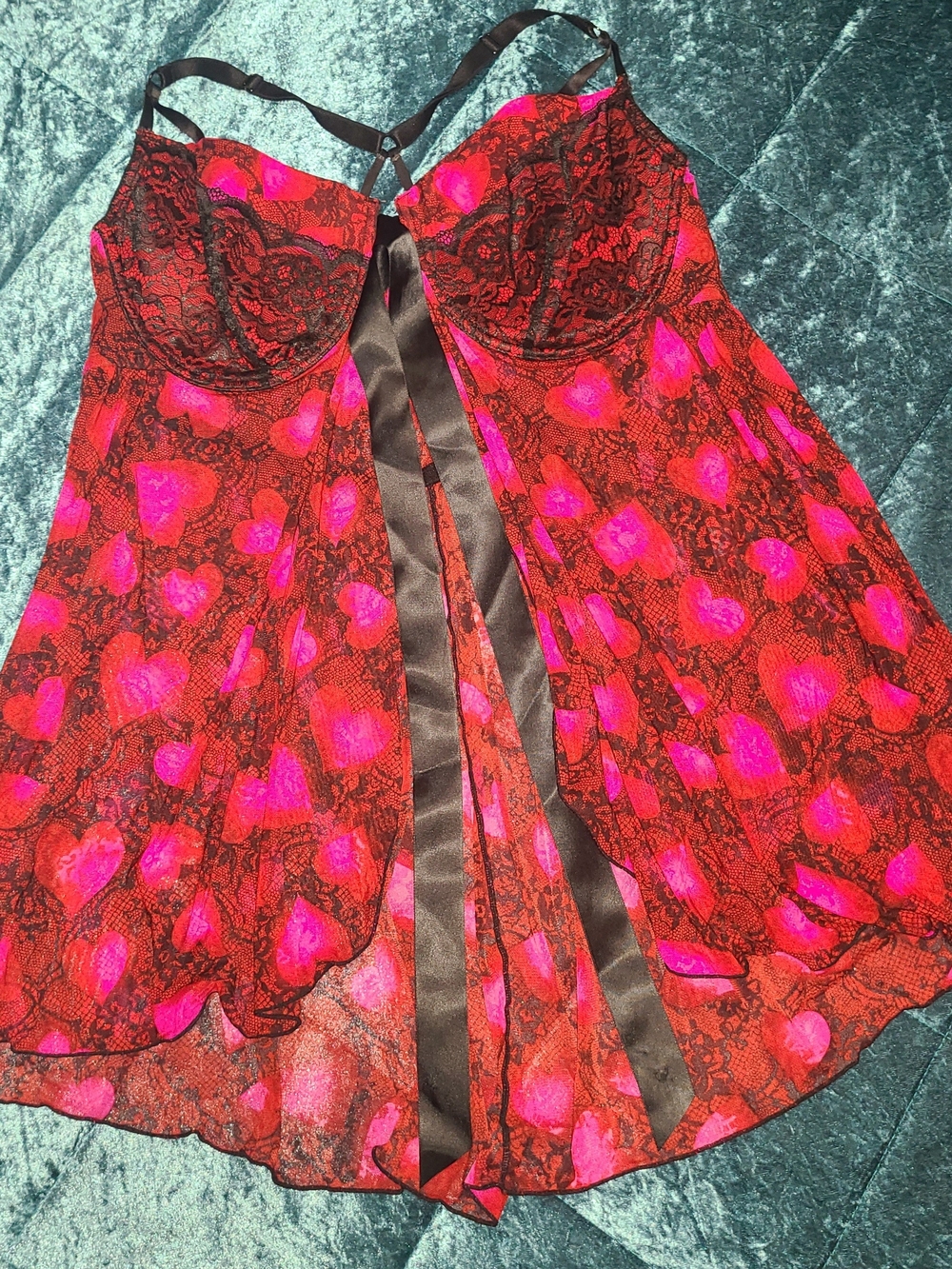 Secret Treasures Red and Pink Heart-Print Lace Chemise with Black Ribbon